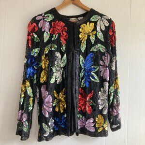 VTG Nagpal India Silk Sequin & Beaded Top Cardigan Glamorous Evening Dressy M